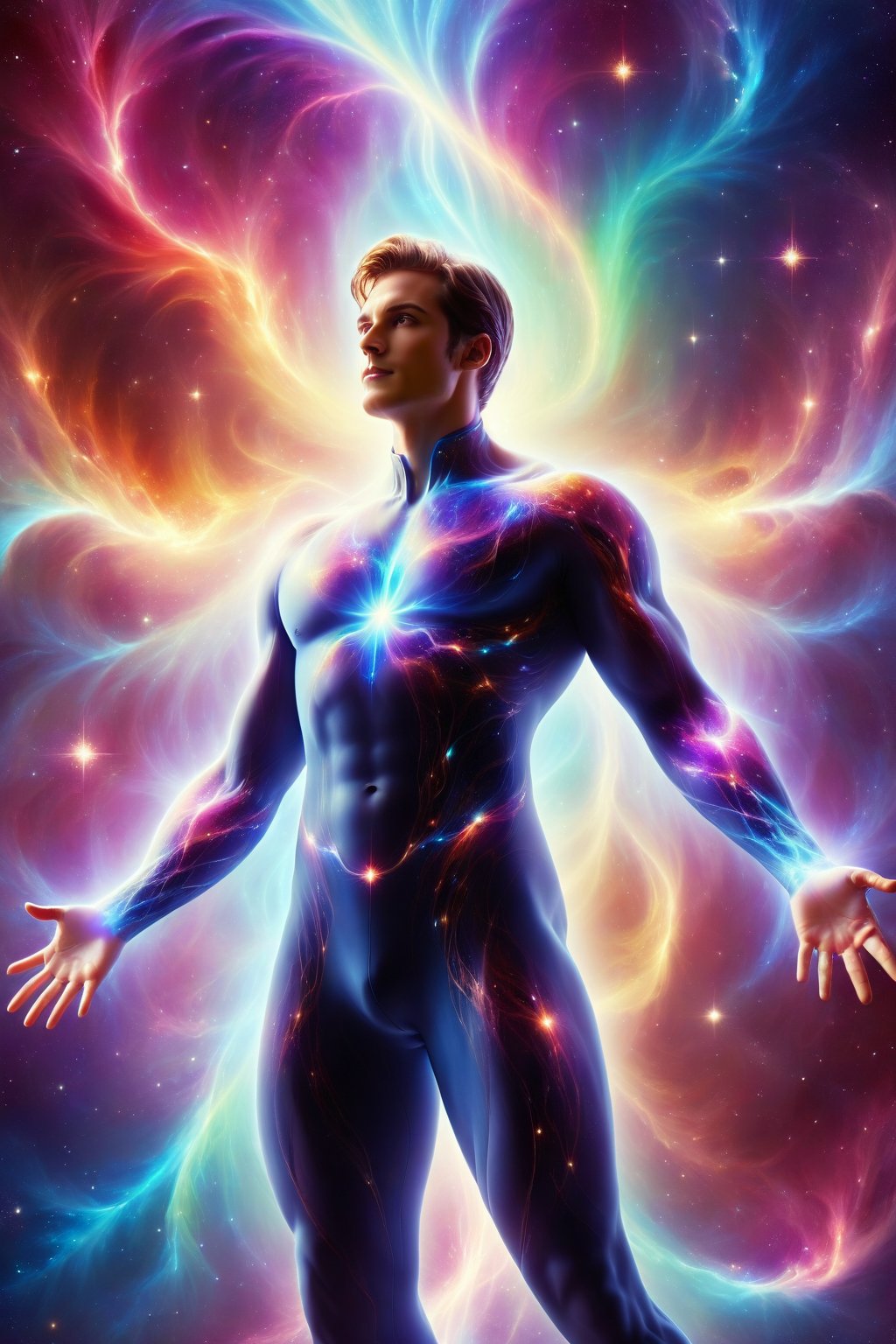 The man is floating in a nebula of vibrant colors. His translucent skin has fused with the nebula, creating a luminous aura effect. His muscles are now like streams of cosmic energy, with lights intertwining with each other. His eyes shine with a light that reflects the nebula, creating an almost hypnotic effect. The man is in a protective pose, with his arm extended into space as if he were guarding something very valuable.