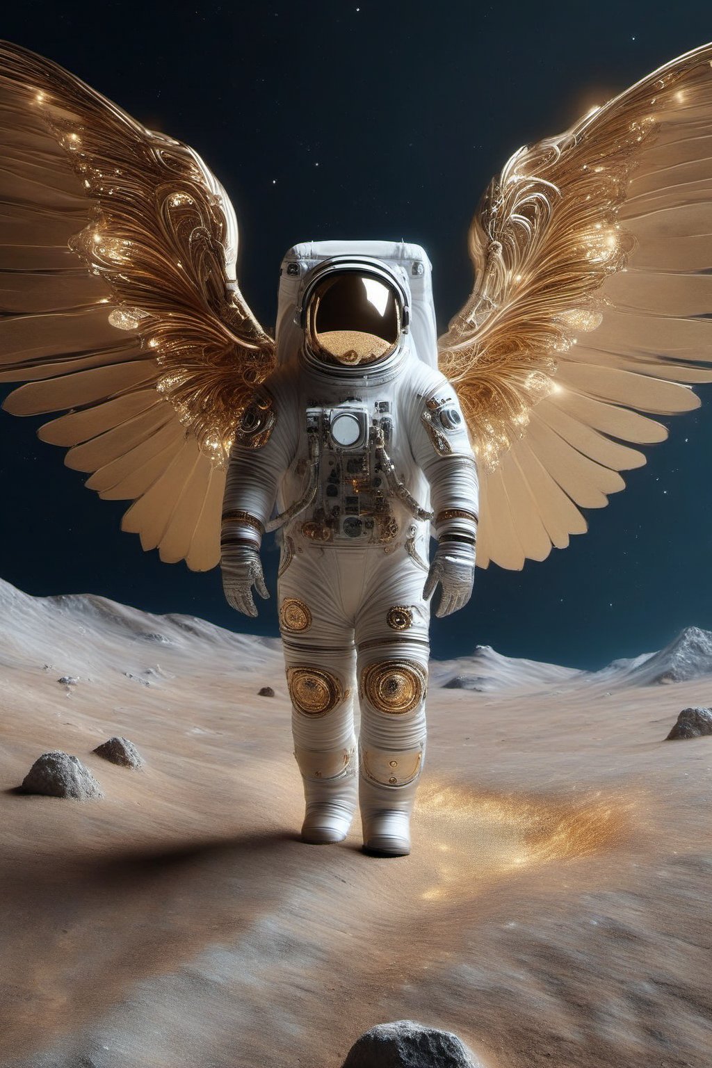 A Renaissance Lunar Landscape: An astronaut in period costume, with leather wings, walks gracefully across a lunar landscape painted in meticulous detail. The landscape is adorned with mountains reminiscent of Leonardo's compositions, with the Earth subtly glowing in the night sky. The deep crater resembles a mysterious depression and the iridescent crystal formations glow with an earthy, golden light. In the sky, a constellation shaped like a musical score intertwines with haloed stars in a celestial dance. The scene conveys a sense of harmony between science and art, capturing the essence of Renaissance exploration in a galactic context.