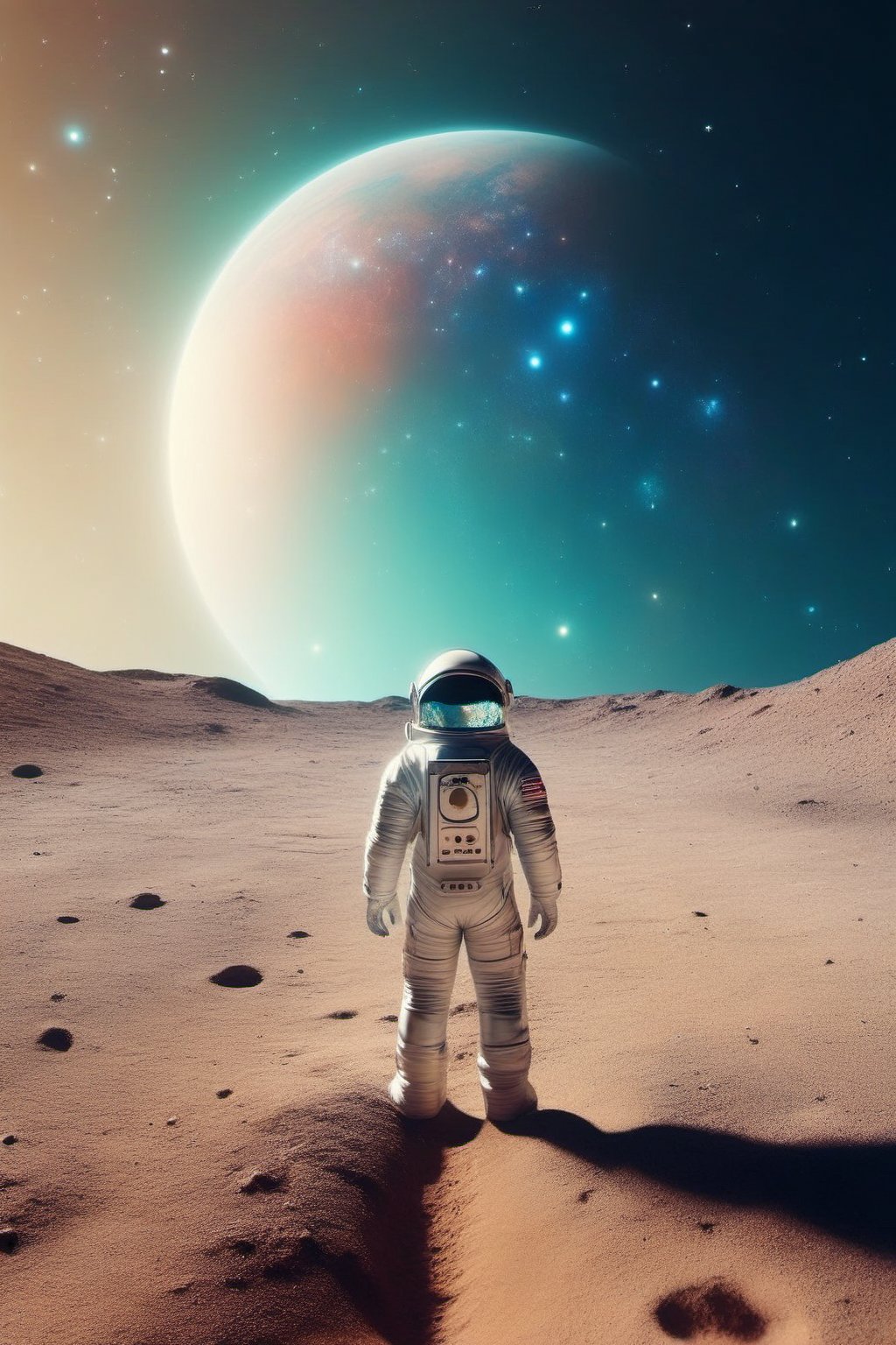 A lone astronaut walking in a desolate lunar landscape, with Earth glowing on the horizon. The astronaut wears a bright, reflective spacesuit as he explores a deep crater filled with iridescent crystals. In the starry sky, a music-shaped constellation floats in space, emanating soft and ethereal light. The scene conveys a sense of awe and wonder at the beauty of the universe.,retro_rocket