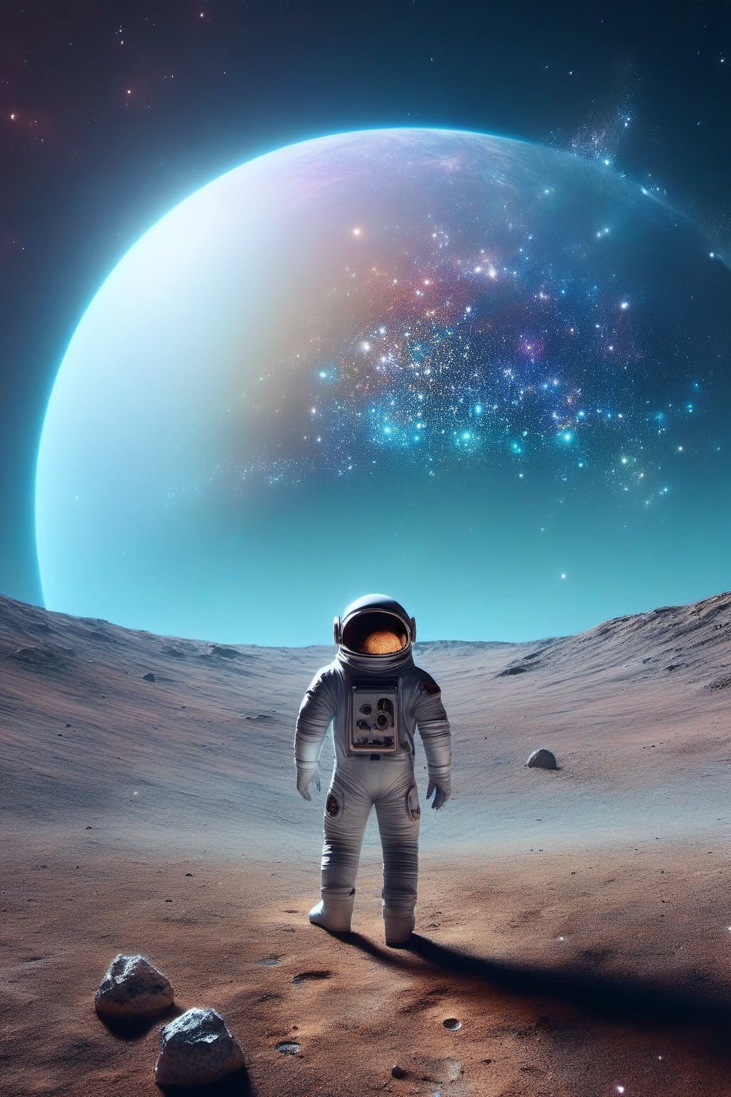 A lone astronaut walking in a desolate lunar landscape, with Earth glowing on the horizon. The astronaut wears a bright, reflective spacesuit as he explores a deep crater filled with iridescent crystals. In the starry sky, a music-shaped constellation floats in space, emanating soft and ethereal light. The scene conveys a sense of awe and wonder at the beauty of the universe.,retro_rocket