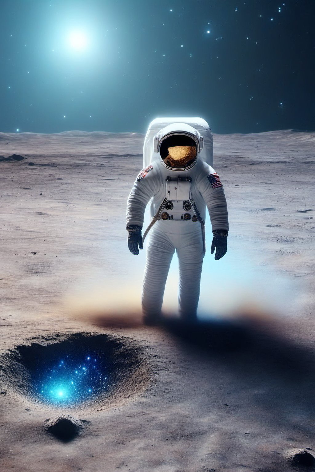 A lone astronaut walking in a desolate lunar landscape, with Earth glowing on the horizon. The astronaut wears a bright, reflective spacesuit as he explores a deep crater filled with iridescent crystals. In the starry sky, a music-shaped constellation floats in space, emanating soft and ethereal light. The scene conveys a sense of awe and wonder at the beauty of the universe.,retro_rocket