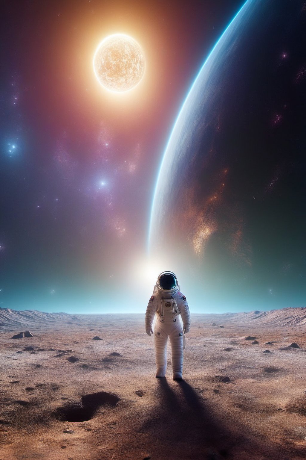 A lone astronaut walking in a desolate lunar landscape, with Earth glowing on the horizon. The astronaut wears a bright, reflective spacesuit as he explores a deep crater filled with iridescent crystals. In the starry sky, a music-shaped constellation floats in space, emanating soft and ethereal light. The scene conveys a sense of awe and wonder at the beauty of the universe.