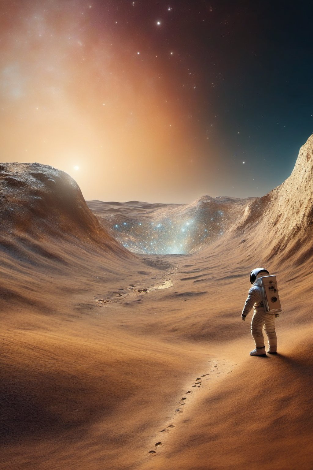 A Renaissance Lunar Landscape: An astronaut in period costume, with leather wings, walks gracefully across a lunar landscape painted in meticulous detail. The landscape is adorned with mountains reminiscent of Leonardo's compositions, with the Earth subtly glowing in the night sky. The deep crater resembles a mysterious depression and the iridescent crystal formations glow with an earthy, golden light. In the sky, a constellation shaped like a musical score intertwines with haloed stars in a celestial dance. The scene conveys a sense of harmony between science and art, capturing the essence of Renaissance exploration in a galactic context.