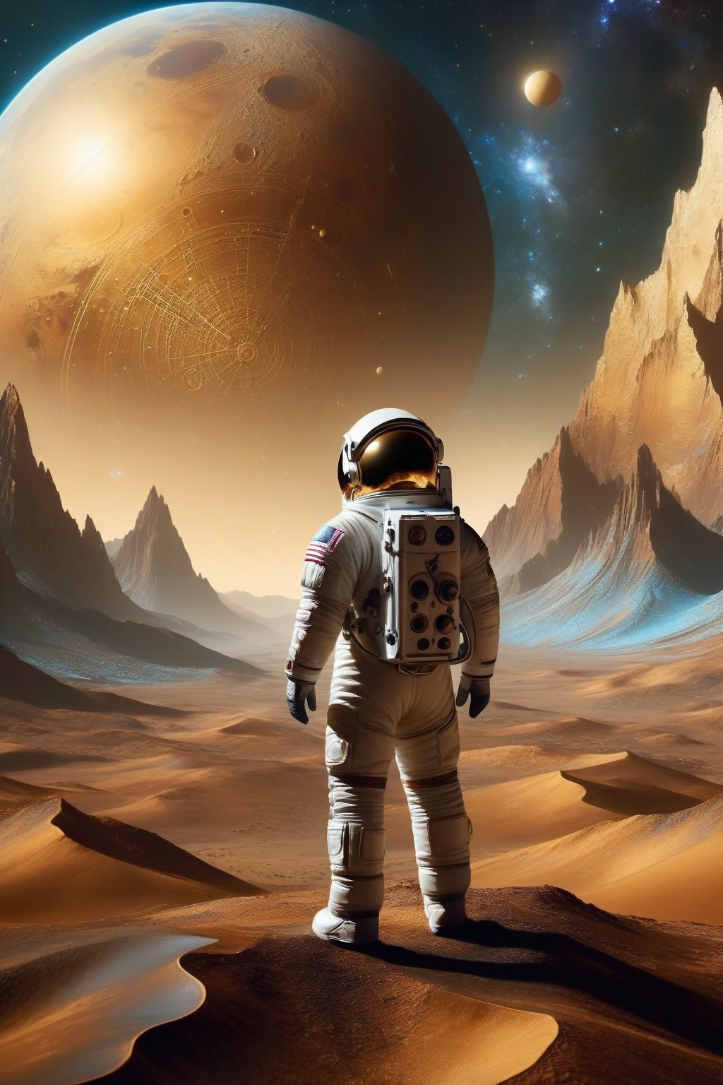 A Renaissance Lunar Landscape: An astronaut in period costume, with leather wings, walks gracefully across a lunar landscape painted in meticulous detail. The landscape is adorned with mountains reminiscent of Leonardo's compositions, with the Earth subtly glowing in the night sky. The deep crater resembles a mysterious depression and the iridescent crystal formations glow with an earthy, golden light. In the sky, a constellation shaped like a musical score intertwines with haloed stars in a celestial dance. The scene conveys a sense of harmony between science and art, capturing the essence of Renaissance exploration in a galactic context.,retro_rocket,futuristic, metal adorning,hollow inside,DonM0ccul7Ru57XL,tranzp,T-shirt design,illustration