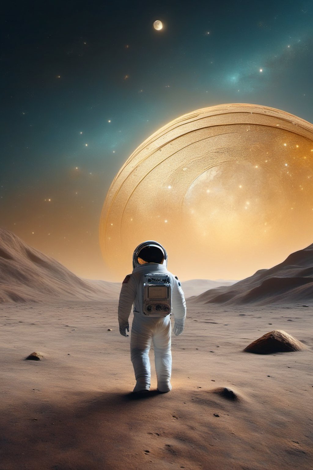 A Renaissance Lunar Landscape: An astronaut in period costume, with leather wings, walks gracefully across a lunar landscape painted in meticulous detail. The landscape is adorned with mountains reminiscent of Leonardo's compositions, with the Earth subtly glowing in the night sky. The deep crater resembles a mysterious depression and the iridescent crystal formations glow with an earthy, golden light. In the sky, a constellation shaped like a musical score intertwines with haloed stars in a celestial dance. The scene conveys a sense of harmony between science and art, capturing the essence of Renaissance exploration in a galactic context.