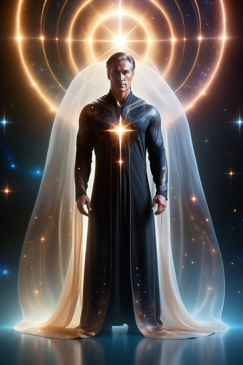 The man wears a black robe that flows like a waterfall of ink. His muscles are visible through the translucent fabric, but the tunic is adorned with stars that seem to shine with a light of their own. His intimate area is covered by a cosmic energy shield that resembles a miniature black hole, with lines of energy extending into space.