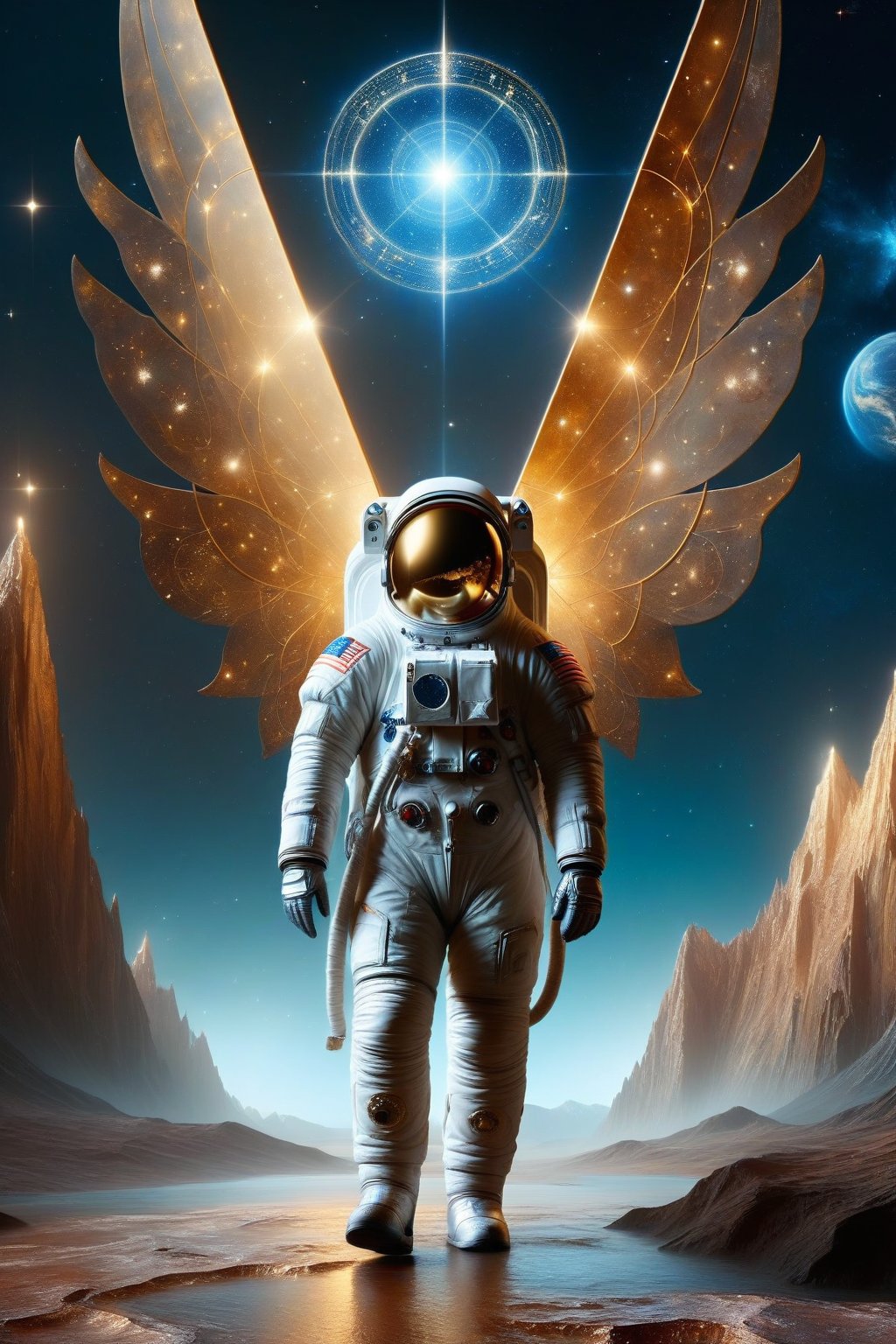 A Renaissance Lunar Landscape: An astronaut in period costume, with leather wings, walks gracefully across a lunar landscape painted in meticulous detail. The landscape is adorned with mountains reminiscent of Leonardo's compositions, with the Earth subtly glowing in the night sky. The deep crater resembles a mysterious depression and the iridescent crystal formations glow with an earthy, golden light. In the sky, a constellation shaped like a musical score intertwines with haloed stars in a celestial dance. The scene conveys a sense of harmony between science and art, capturing the essence of Renaissance exploration in a galactic context.,retro_rocket,futuristic, metal adorning,hollow inside,DonM0ccul7Ru57XL,tranzp