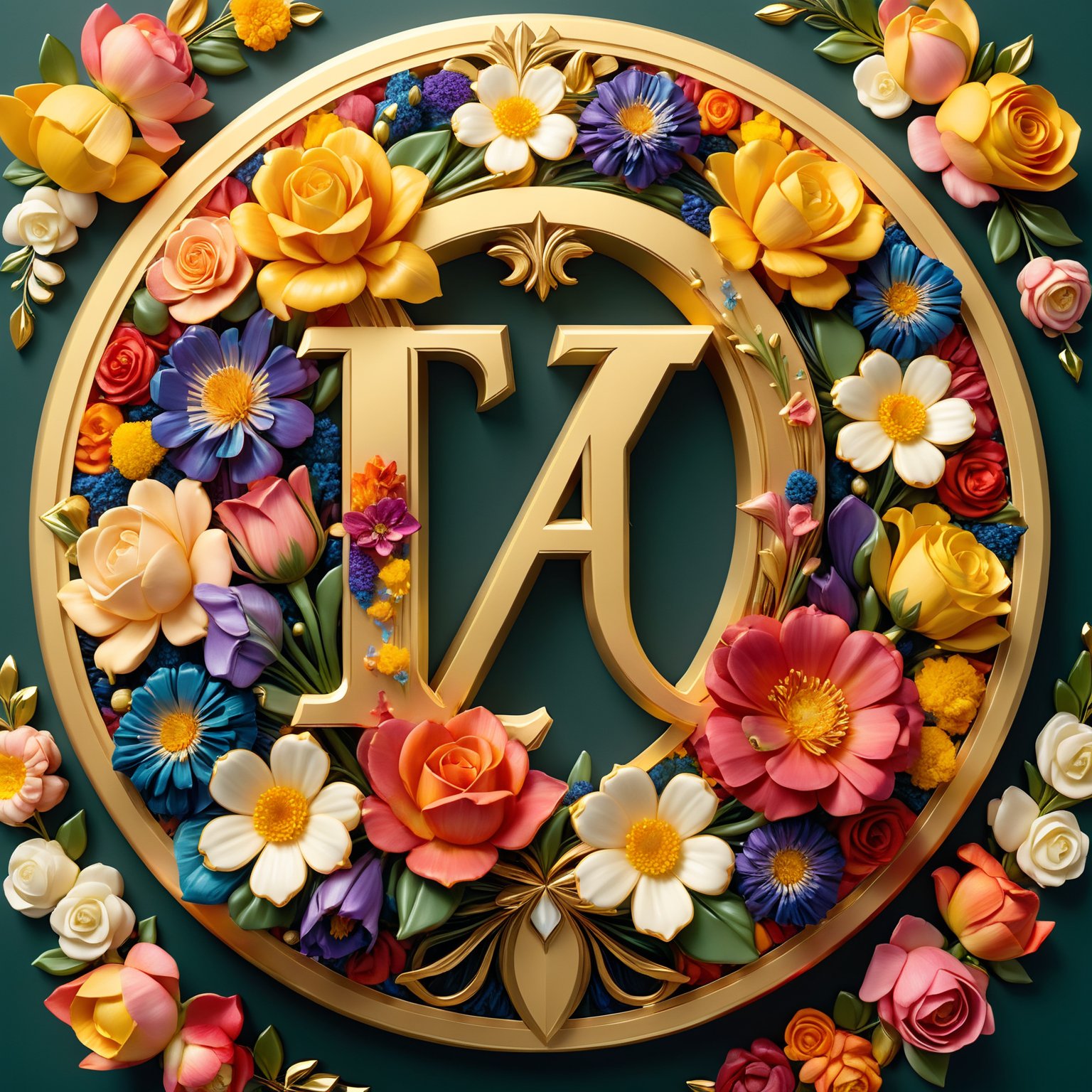 ((masterpiece)),High quality,visual stuning,
2.5d emblem design with the letter ("'TA"") in the center logo, and line of letters 1st Anniversary  below the emblem,flowers wrap around the badge,floating,colorful and readable.
A detailed and ornate badge featuring craftman and brush stroke,golden ratio,color harmony,centered