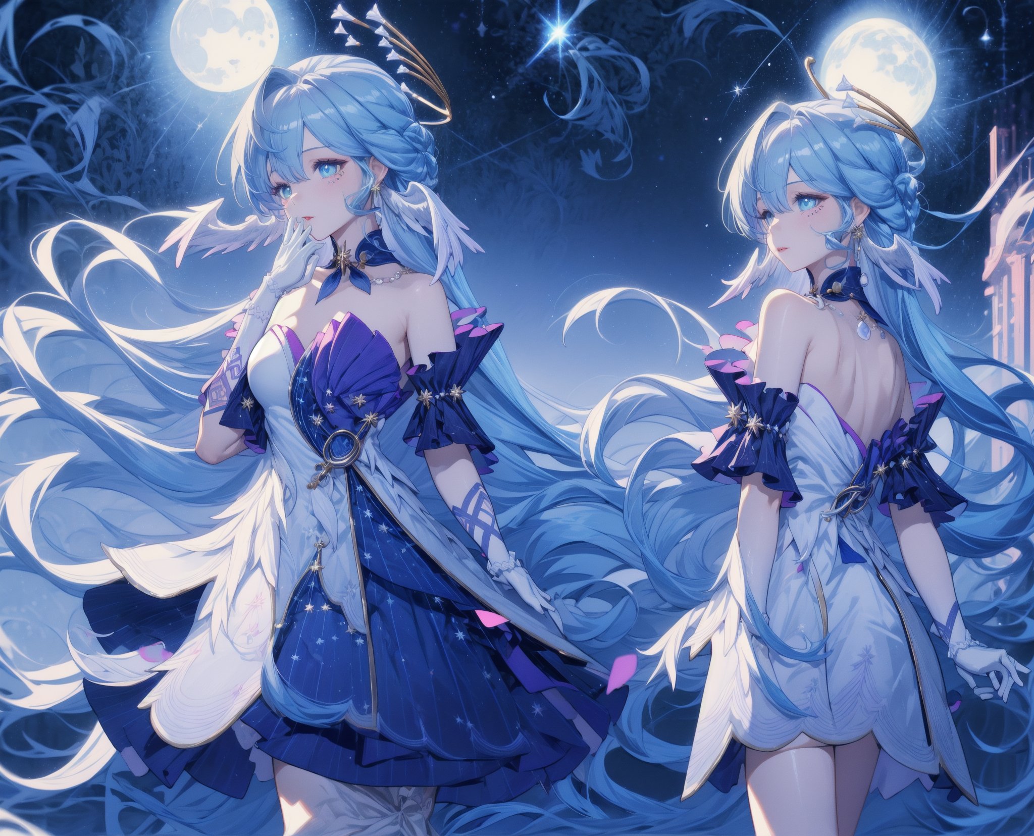bestquality,masterpiece,1girl,solo,:p,
halo,long hair,blue hair,hair ornament,earrings,mole,blue eyes,jewelry,white gloves,bare shoulders,white dress,strapless dress,head wings,hand on own chest,bestquality,masterpiece,1girl,solo,:p,
halo,long hair,blue hair,hair ornament,earrings,mole,blue eyes,jewelry,white gloves,bare shoulders,white dress,strapless dress,head wings,hand on own chest,Highest quality,very detailed,(A girl),full body,single focus,white hair,long hair,moon,the moon,princess dress,glowing starry sky,glowing palace,robin,,robin,a girl named robin,1girl,white dress,bare shoulders,halo,white gloves,earrings,bracelet,head wings,looking back,upper body,raise her head,, ,,1girl,ojousama,,backlight