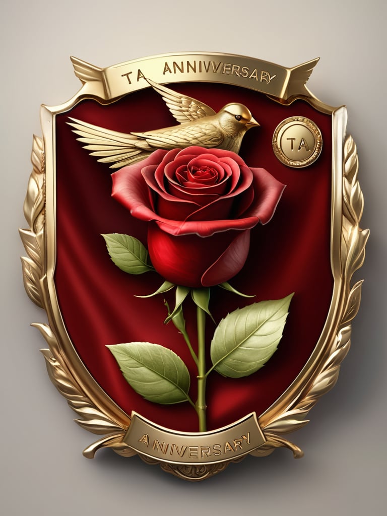 Masterpiece, realistic. rED Rose, sparrow, High quality. Gold Badge. With text: (((TA1 Anniversary)))