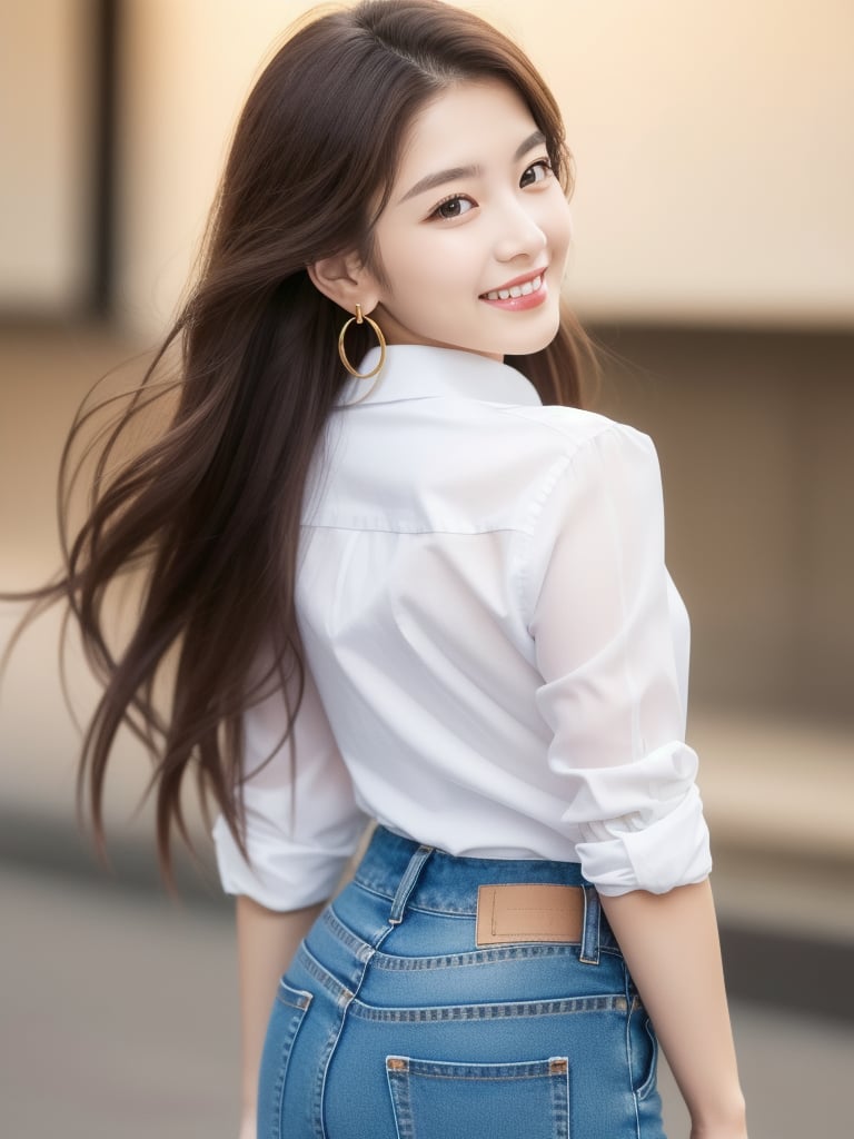 (8k, highest quality, masterpiece: 1.2), (Realistic, photoRealistic: 1.37),1girl, solo, long hair, looking at viewer, smile, simple background, brown hair, shirt, white background, jewelry, white shirt, earrings, looking back, pants, from behind, denim, jeans, realistic