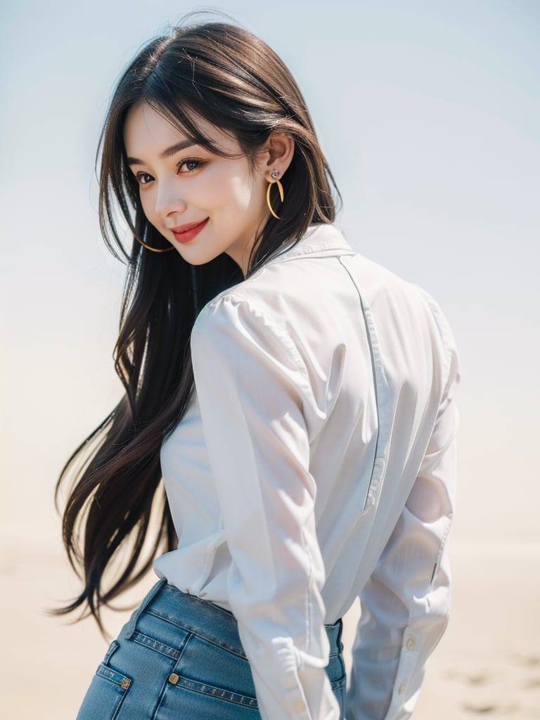 (8k, highest quality, masterpiece: 1.2), (Realistic, photoRealistic: 1.37),1girl, solo, long hair, looking at viewer, smile, simple background, brown hair, shirt, white background, jewelry, white shirt, earrings, looking back, pants, from behind, denim, jeans, realistic