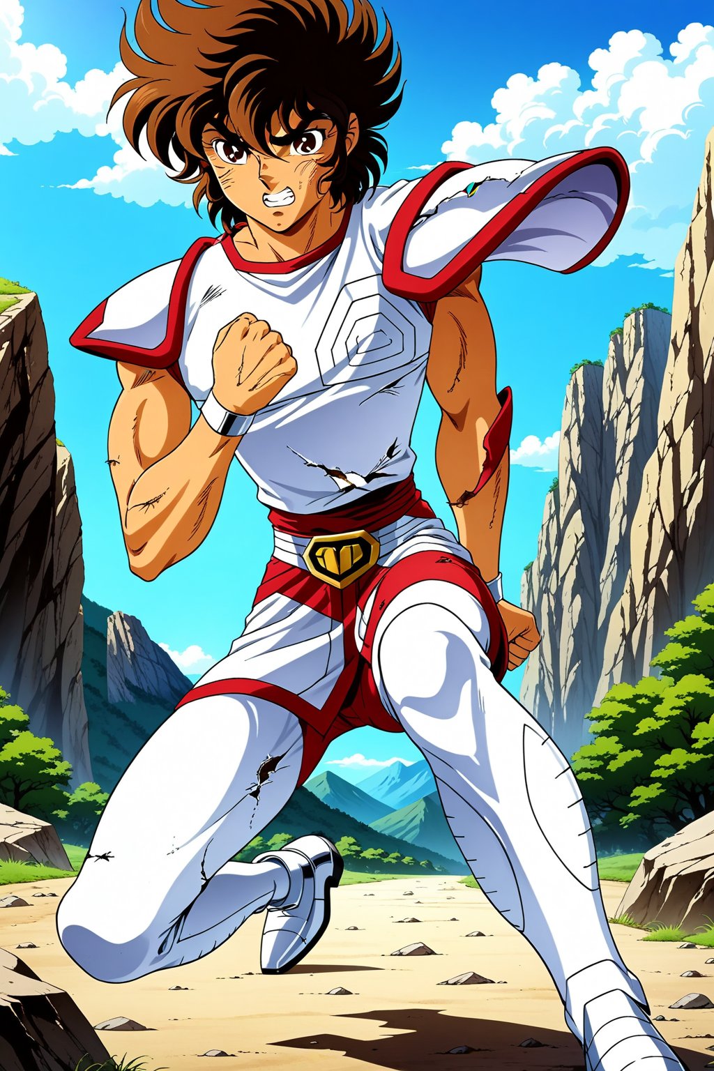 (masterpiece, best quality, ultra HD anime quality, super high resolution, 1980s/(style), retro, anatomically accurate, perfect anatomy), (front, bottom angle), looking at the camera, (Seiya Pegasus, male, (Pegasus cloth, slightly damaged)), 1 male, solo, brown hair, short hair, bangs between eyes, messy hair, brown eyes, angry face, scratch on cheek), heavy breathing, excited, (red underwear, tattered, red underwear pants, tattered), (fighting stance, standing stance, low stance, legs wide apart, one foot forward), (mountain scenery, mountain path, barren land, large rocks, cliff), score_9, score_8_up, score_7_up, score_6_up,Seiya Pegasus,Anime, score_9_up