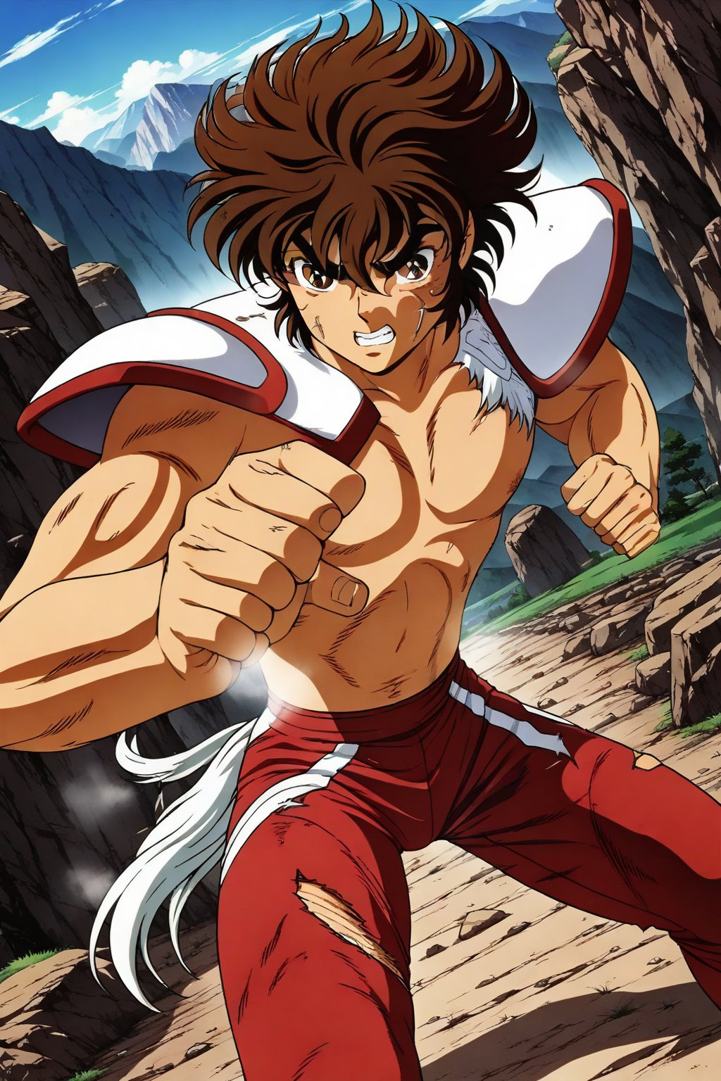 (masterpiece, best quality, ultra HD anime quality, super high resolution, 1980s/(style), retro, anatomically accurate, perfect anatomy), (front, bottom angle), looking at the camera, (Seiya Pegasus, male, (Pegasus cloth, slightly damaged)), 1 male, solo, brown hair, short hair, bangs between eyes, messy hair, brown eyes, angry face, scratch on cheek), heavy breathing, excited, (red underwear, tattered, red underwear pants, tattered), (fighting stance, standing stance, low stance, legs wide apart, one foot forward), (mountain scenery, mountain path, barren land, large rocks, cliff), score_9, score_8_up, score_7_up, score_6_up,Seiya Pegasus,Anime