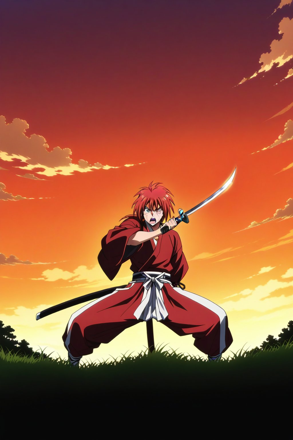 (masterpiece, best quality, ultra HD anime quality, super high resolution, 1980s/(style), retro, anatomically correct, perfect anatomy), (Himura Kenshin), one boy, solo, (red hair, long hair, low ponytail, thick bangs between the eyes, messy hair, purple eyes, sharp eyes, scar on face, angry face), emitting aura, (mouth open as if screaming), looking at the camera, (red kimono top, white hakama pants, black waistband), weapon, one Japanese sword, (Japanese sword has blade, tsuba, grip), wearing straw sandals, (four fingers and one thumb), (taking a fighting stance, holding the grip of the Japanese sword, standing low, legs spread wide, alone, in a grassland), (sunset view, distant forest, large grassland, dim grassland, grass, sunset), (front, angle from below), score 9, score 8_up, score 7_up, score 6_up,Himura Kenshin,red hair