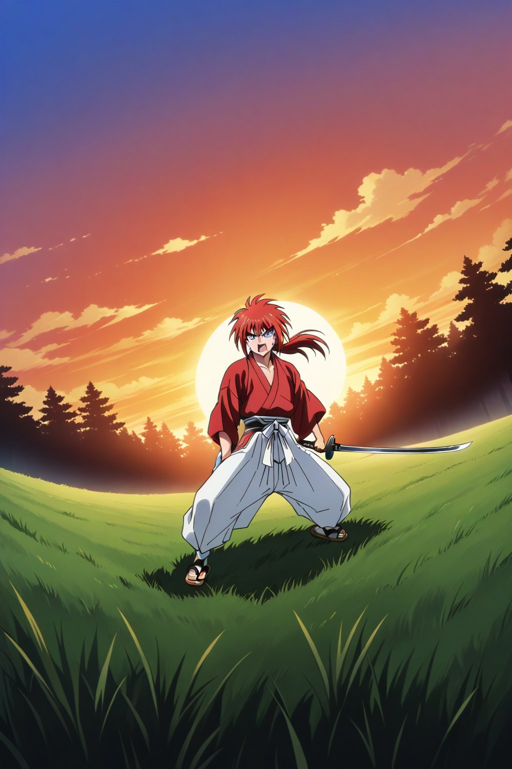 (masterpiece, best quality, ultra HD anime quality, super high resolution, 1980s/(style), retro, anatomically correct, perfect anatomy), (Himura Kenshin), one boy, solo, (red hair, long hair, low ponytail, thick bangs between the eyes, messy hair, purple eyes, sharp eyes, scar on face, angry face), emitting aura, (mouth open as if screaming), looking at the camera, (red kimono top, white hakama pants, black waistband), weapon, one Japanese sword, (Japanese sword has blade, tsuba, grip), wearing straw sandals, (four fingers and one thumb), (taking a fighting stance, holding the grip of the Japanese sword, standing low, legs spread wide, alone, in a grassland), (sunset view, distant forest, large grassland, dim grassland, grass, sunset), (front, angle from below), score 9, score 8_up, score 7_up, score 6_up,Himura Kenshin,red hair