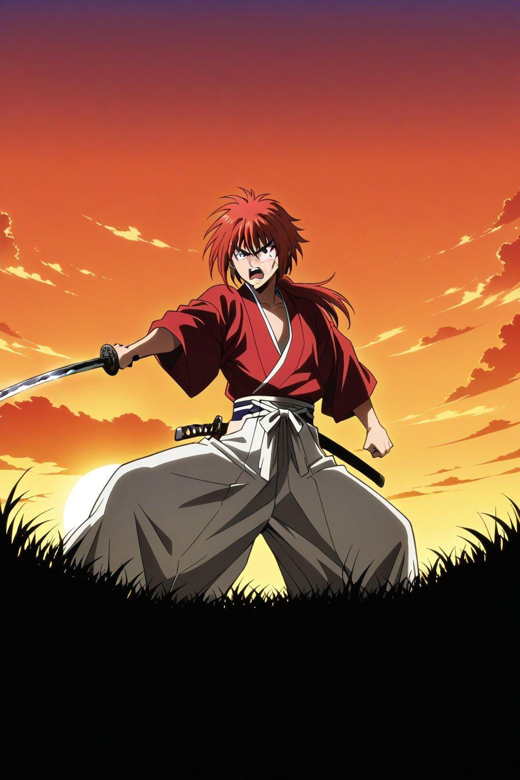 (masterpiece, best quality, ultra HD anime quality, super high resolution, 1980s/(style), retro, anatomically correct, perfect anatomy), (Himura Kenshin), one boy, solo, (red hair, long hair, low ponytail, thick bangs between the eyes, messy hair, purple eyes, sharp eyes, scar on face, angry face), emitting aura, (mouth open as if screaming), looking at the camera, (red kimono top, white hakama pants, black waistband), weapon, one Japanese sword, (Japanese sword has blade, tsuba, grip), wearing straw sandals, (four fingers and one thumb), (taking a fighting stance, holding the grip of the Japanese sword, standing low, legs spread wide, alone, in a grassland), (sunset view, distant forest, large grassland, dim grassland, grass, sunset), (front, angle from below), score 9, score 8_up, score 7_up, score 6_up,