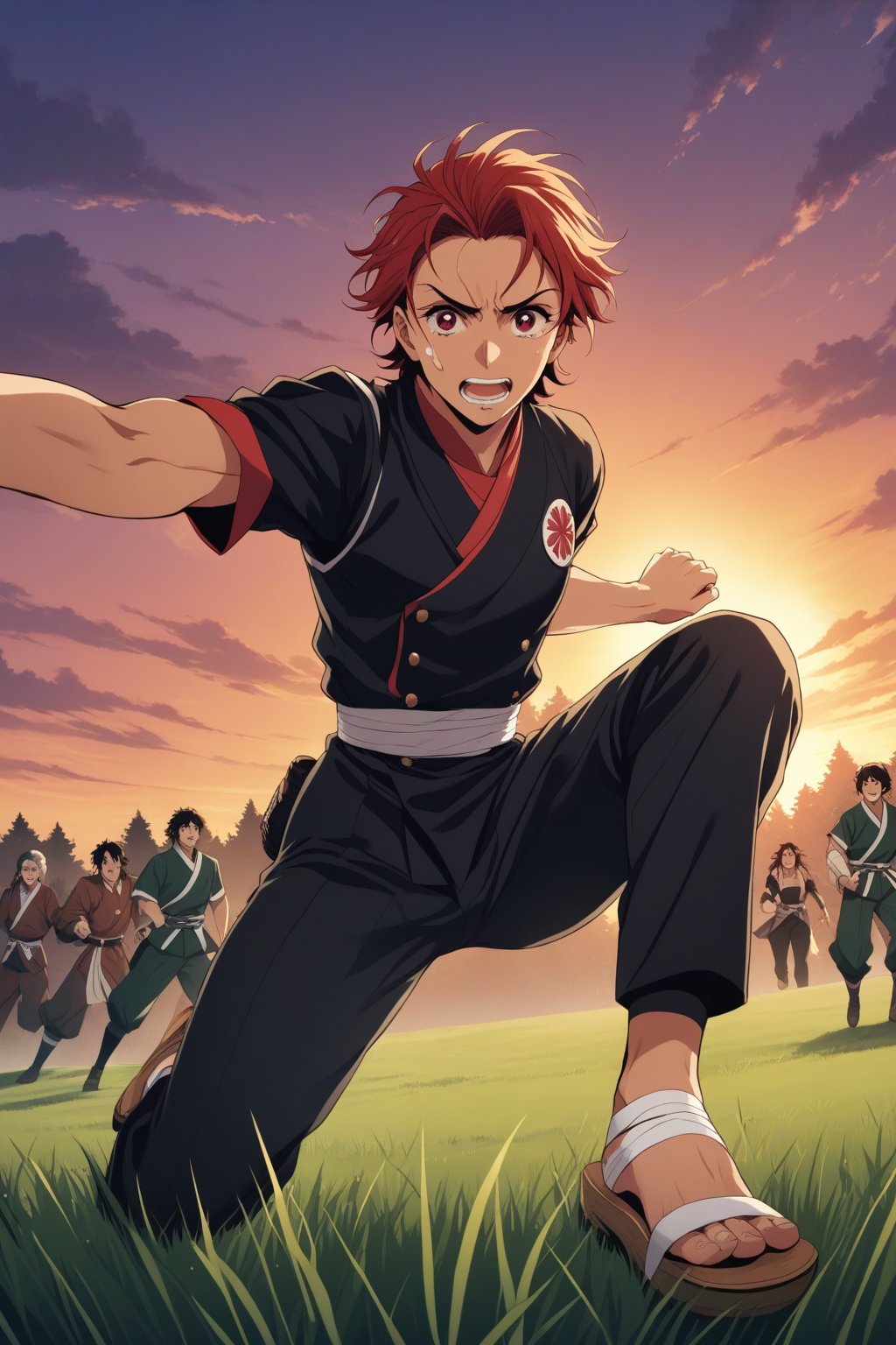 (masterpiece, best quality, ultra HD anime quality, super high resolution, 1980s/(style), retro, anatomically accurate, perfect anatomy), (tanjirou_kamado), one boy, solo, (red hair, short hair, slicked back, messy hair, forehead, red eyes, crying face), crying tears, tears scattered around, scars, scars on face, scars on forehead, (mouth open as if screaming), (ear accessory, rising sun tag), looking at camera, (Demon Slayer uniform top, Demon Slayer uniform pants, navy blue uniform), (Bandages wrapped around both feet), wearing straw sandals, (four fingers and one thumb), (chasing, diving, one arm stretched straight out, all fingers extended, arm spread wide, one arm pointing toward the ground, legs spread wide, in a grassland), (sunset view, distant forest, grassland, dim grassland, grass, sunset), (side view, angle from below), score 9, score 8_up, score 7_up, score 6_up,