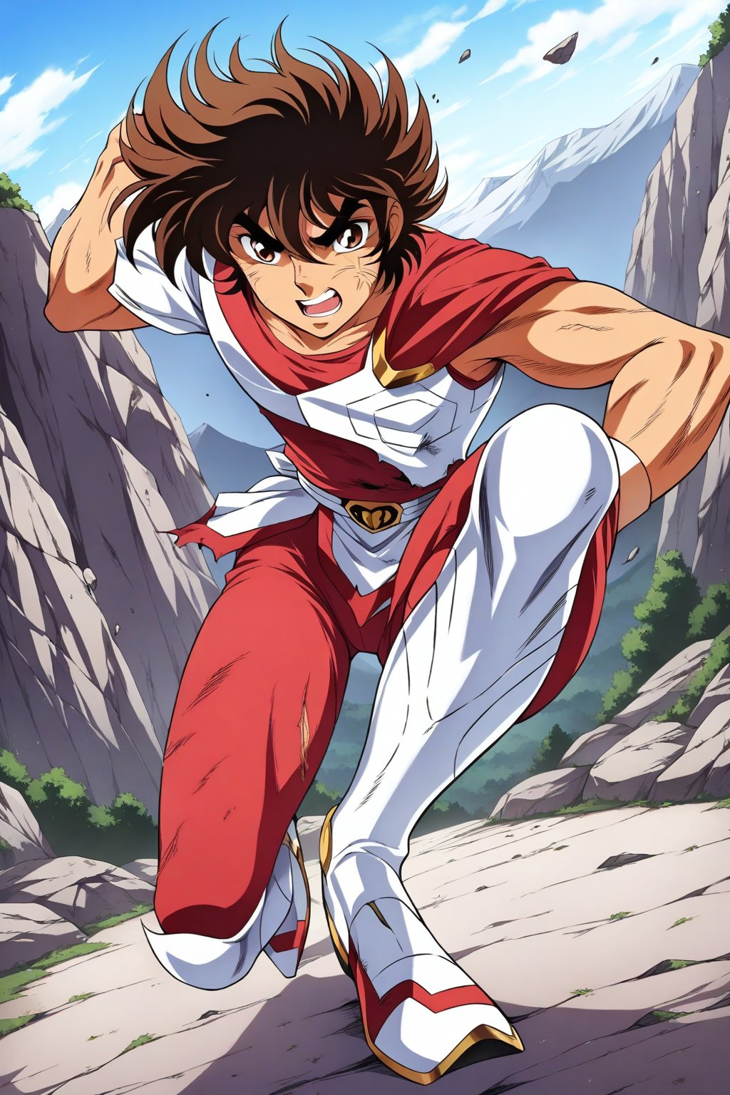 (masterpiece, best quality, ultra HD anime quality, super high resolution, 1980s/(style), retro, anatomically accurate, perfect anatomy), (front, bottom angle), looking at the camera, (Seiya Pegasus, male, (Pegasus cloth, slightly damaged)), 1 male, solo, brown hair, short hair, bangs between eyes, messy hair, brown eyes, angry face, scratch on cheek), heavy breathing, excited, (red underwear, tattered, red underwear pants, tattered), (fighting stance, ready, low stance, legs wide apart, one foot forward), (mountain scenery, mountain path, barren land, big rocks, cliff), score_9, score_8_up, score_7_up, score_6_up