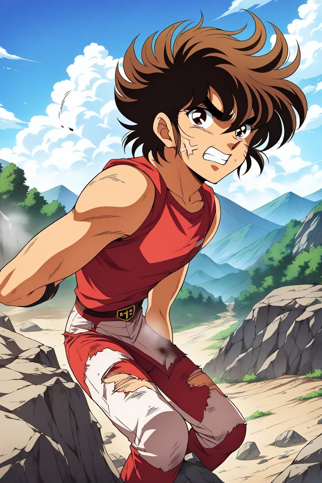 (masterpiece, best quality, ultra HD anime quality, super high resolution, 1980s/(style), retro, anatomically accurate, perfect anatomy), (side view, bottom angle), looking at the camera, (Seiya Pegasus, male, (Pegasus cross, damaged)), 1 male, solo, brown hair, short hair, bangs between eyes, messy hair, brown eyes, angry face, cut on cheek), heavy breathing, excited, (red underwear, tattered, red underwear pants, tattered), (poised, low body position, legs wide apart, one foot forward), (mountain scenery, mountain path, barren land, large rocks, cliff), score_9, score_8_up, score_7_up, score_6_up