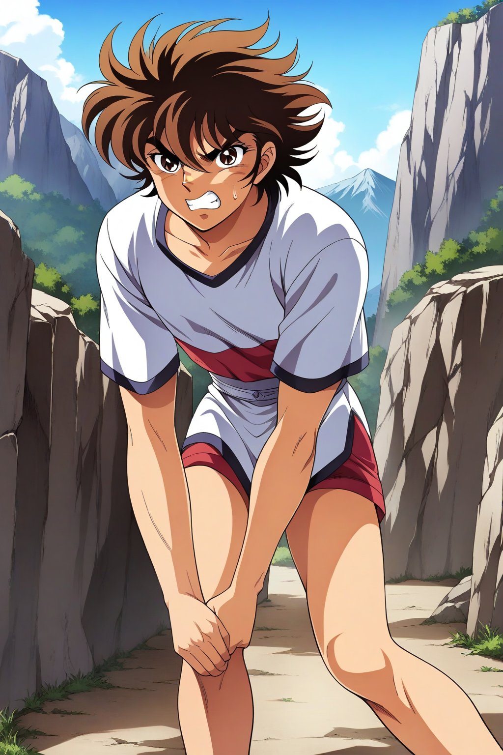 (masterpiece, best quality, ultra HD anime quality, super high resolution, 1980s/(style), retro, anatomically accurate, perfect anatomy), (side view, bottom angle), looking at the camera, (Seiya Pegasus, male), 1 male, solo, brown hair, short hair, bangs between eyes, messy hair, brown eyes, angry face, cut on cheek), heavy breathing, excited, (Pegasus cross), (poised, low body position, legs wide apart, one foot forward), (mountain scenery, mountain path, barren land, large rocks, cliff), score_9, score_8_up, score_7_up, score_6_up