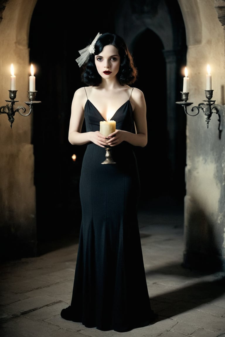 analog photo, a cute girl, 22 years old, black hair, pale skin, 1920s (style), vintage, faded film, (film grain),  full_body view, italy, formal dressing,  vampire,  in a old castle, holding a candle, beautiful deatailed shadow,dust,tyndall effect,hyperdetalization,