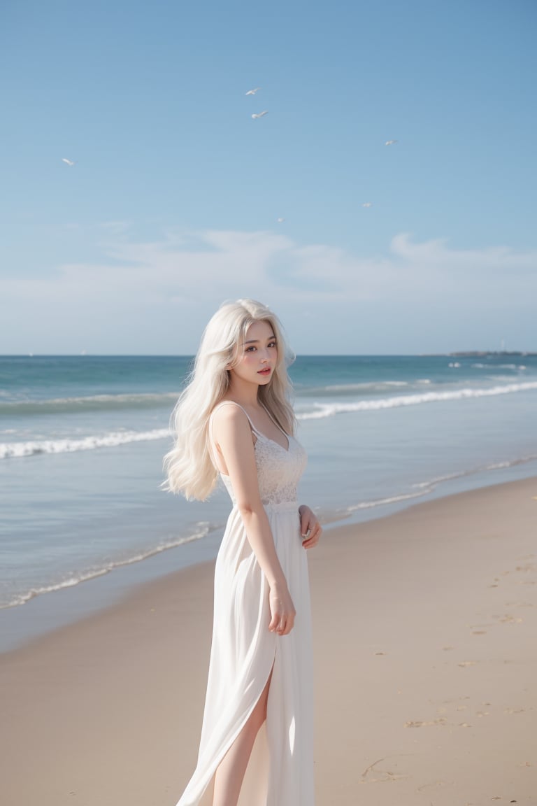 Nice, english girl, 16yo, white hair, B cup, regular breasts, long hair, fully_dressed, shy, on seaside, some birds around