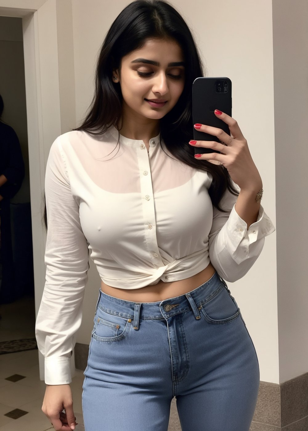 Lovely cute hot Alia Bhatt, acute an Instagram model 22 years old, full-length, long blonde_hair, black hair, winter, in a Mal , Indian, wearing a jeans shirt, Lives text on top, thin shaped_body,