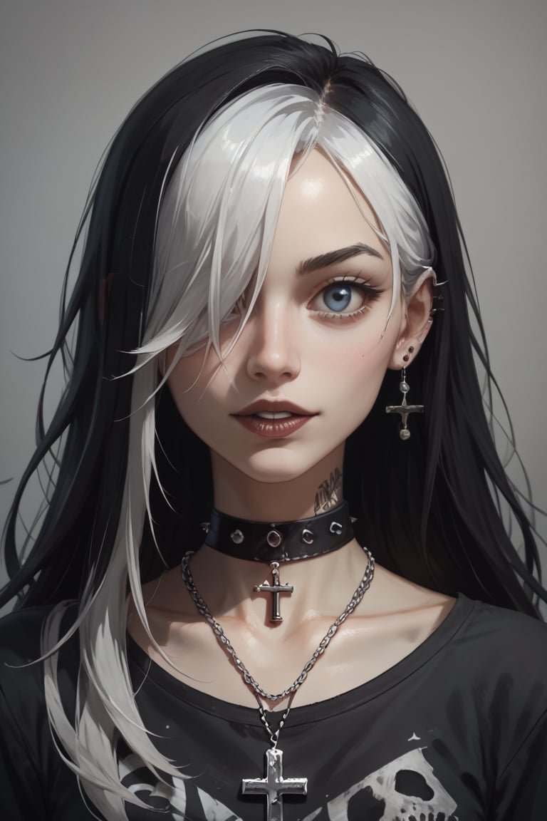 score_9, score_8_up, score_7_up, Goth girl, Goth girl 1girl 1girl,solo,long hair,looking at viewer,simple background,black hair, jewelry,white hair,multicolored hair,choker,black eyes,grey background,necklace,(hair over one eye),two-tone hair,cross,portrait,,  , , , 