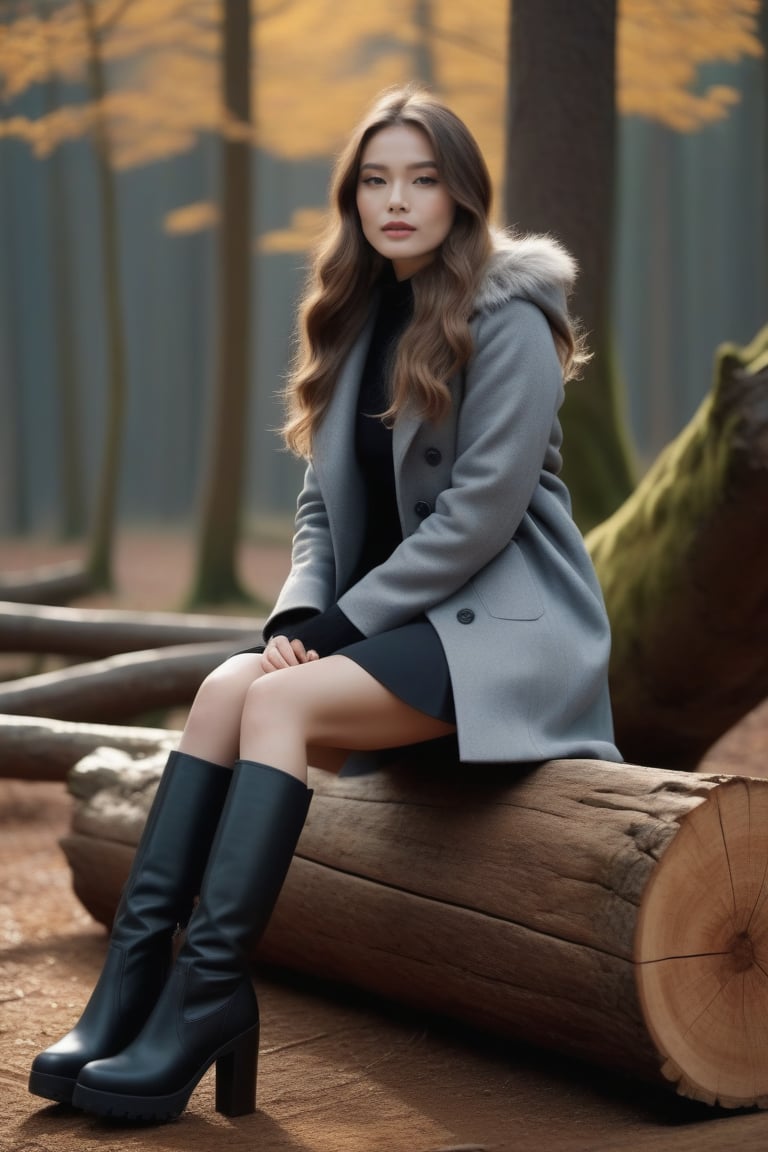 High quality, masterpiece, 4K, quality, RAW natural photo of (((perfect))) cute girl, long hair, grey winter coat fashion, black short skirt, boots, Sitting cross-legged on wood log, only one light cenital chimera, day advertising shooting, realistic photograph, sharp focus, depth of field, shoot, ,side shot, side shot, ultrahd, realistic, highly detailed, perfect composition, 8k, photorealistic, soft natural volumetric cinematic perfect light,booth
