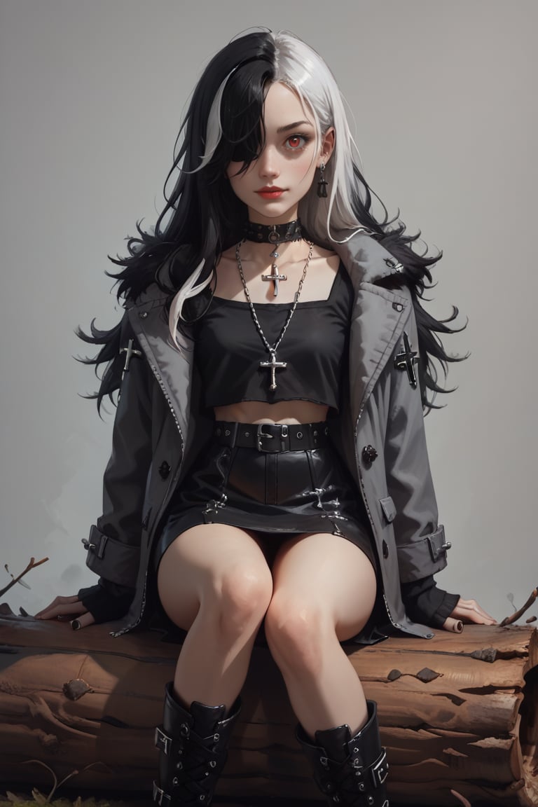 score_9, score_8_up, score_7_up, Goth girl, Goth girl 1girl 1girl,solo,long hair,looking at viewer,simple background,black hair, jewelry,white hair,multicolored hair,choker,black eyes,grey background,necklace,(hair over one eye),two-tone hair,cross,portrait,,  cute girl, long hair, grey winter coat fashion, black short skirt, boots, Sitting cross-legged on wood log 
