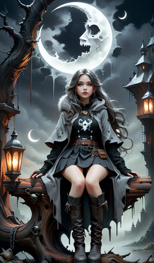Ultra-wide-angle, photorealistic medieval gothic steam punk shot of an exciting fusion between Spawn and ((A spiderweb and a creepy A Crescent moon )), ((with cute girl, long hair, grey winter coat fashion, black short skirt, boots, Sitting cross-legged on wood log)) , eerie mysterious scene, dark, fantasy art, horror, sleepy hollow style, grimdark style, Movie Still, moody colours, undead,digital artwork by Beksinski )), in a new character that embodies elements of both, (((spiderwebs))), (((Street view))), silver mechanical gears in the background, people, see. Black and natural colors, ink Flow - 8k Resolution Photorealistic Masterpiece - by Aaron Horkey and Jeremy Mann - Intricately Detailed. fluid gouache painting: by Jean Baptiste Mongue: calligraphy: acrylic: colorful watercolor, cinematic lighting, maximalist photoillustration: by marton bobzert: 8k resolution concept art, intricately detailed realism, complex, elegant, expansive, fantastical and psychedelic, dripping paint , in the chasm of the empire estate, night, the moon, buildings, reflections, wings, and other elements need to stay in frame,(isolate object),3D