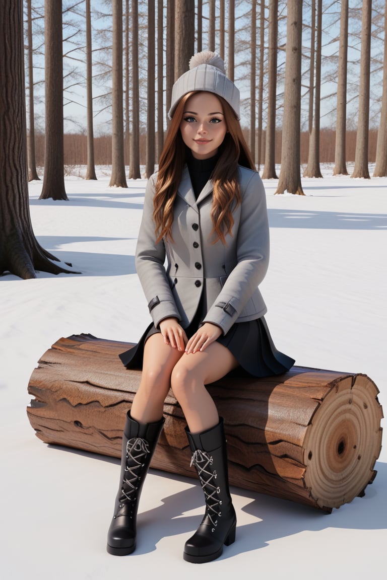 (masterpiece:1.4), ((best quality, 8k, ultra-detailed)), cute girl, long hair, grey winter coat fashion, black short skirt, boots, Sitting cross-legged on wood log illustration, beautiful, full body, in TCG Card frame,3D