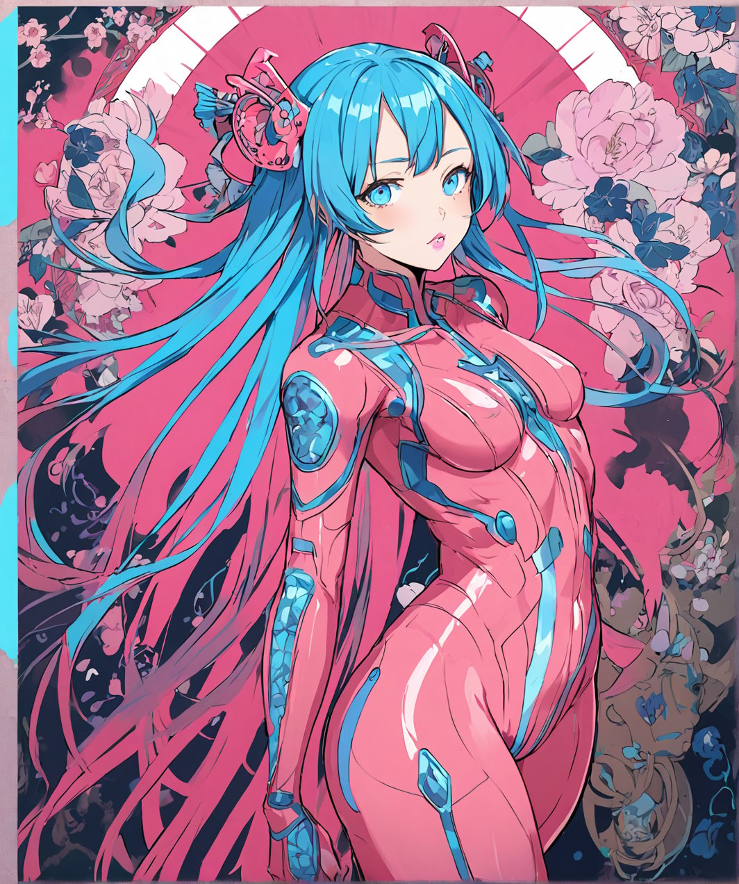 Side View. Indigenous anime girl perfect body and got very bright skin and blue long hair with blue eyes, glossy lips, from japan, the image should be full-body, with her attire being the traditional meg suit in tight super bright pink color. The image should be from head to waist knees. ,she stand beside the ritual place. wearing two piece neon pink meg suit, with Japanese tattoos. Draw in style by Makoto Shinkai and Ilya Kushinov, trending on Displate. com, iridescent Poster,Side View. Indigenous anime girl perfect body and got very bright skin and blue long hair with blue eyes, glossy lips, from japan, the image should be full-body, with her attire being the traditional meg suit in tight super bright pink color. The image should be from head to waist knees. ,she stand beside the ritual place. wearing two piece neon pink meg suit, with Japanese tattoos. Draw in style by Makoto Shinkai and Ilya Kushinov, trending on Displate. com, iridescent Poster.