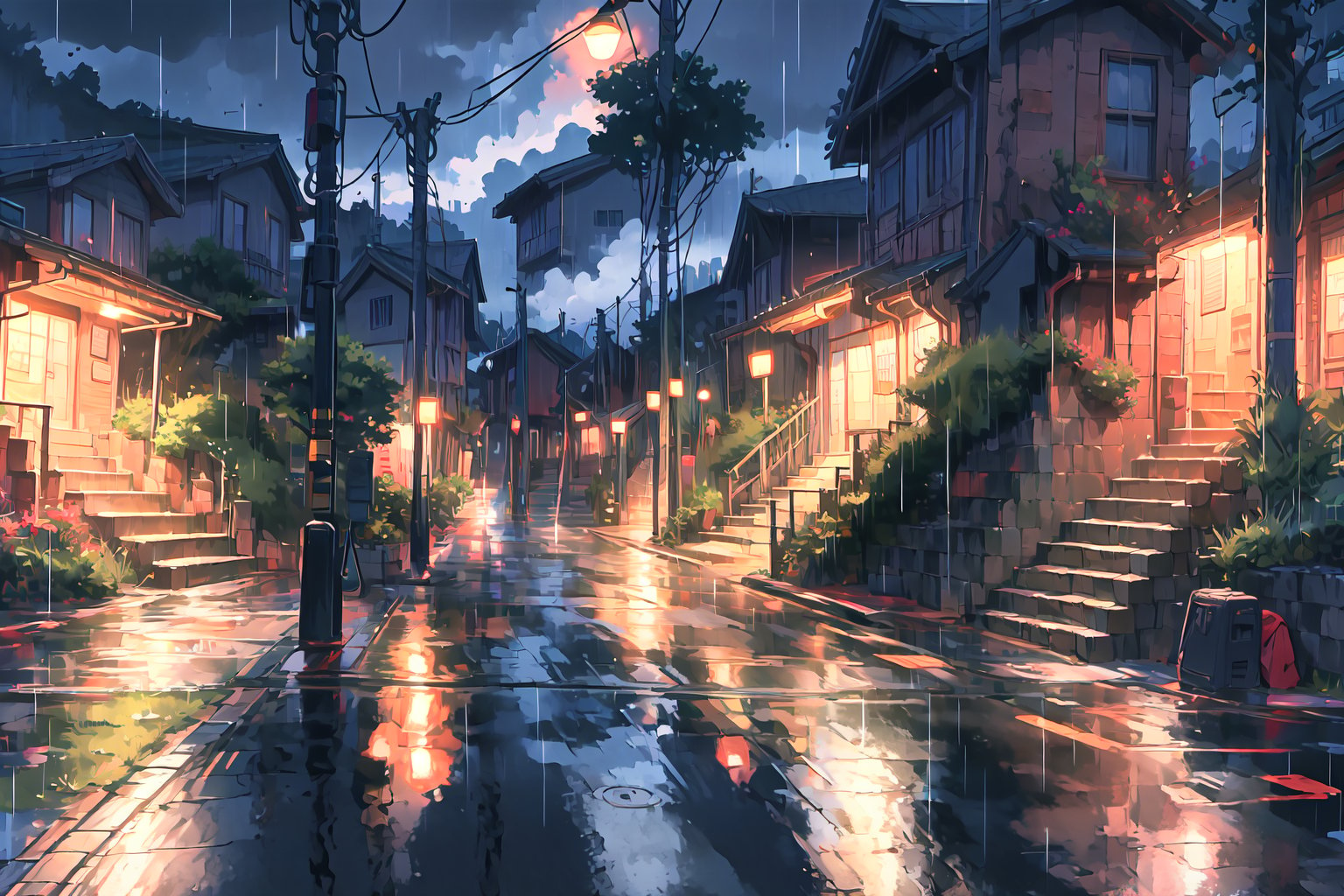 holding, standing, outdoors, from behind, night, umbrella, ground vehicle, building, scenery, motor vehicle, reflection, rain, holding umbrella, city, sign, car, road, lamppost, beautiful street, traffic light, crosswalk, real world location, vanishing point,pastelbg,ninja scroll