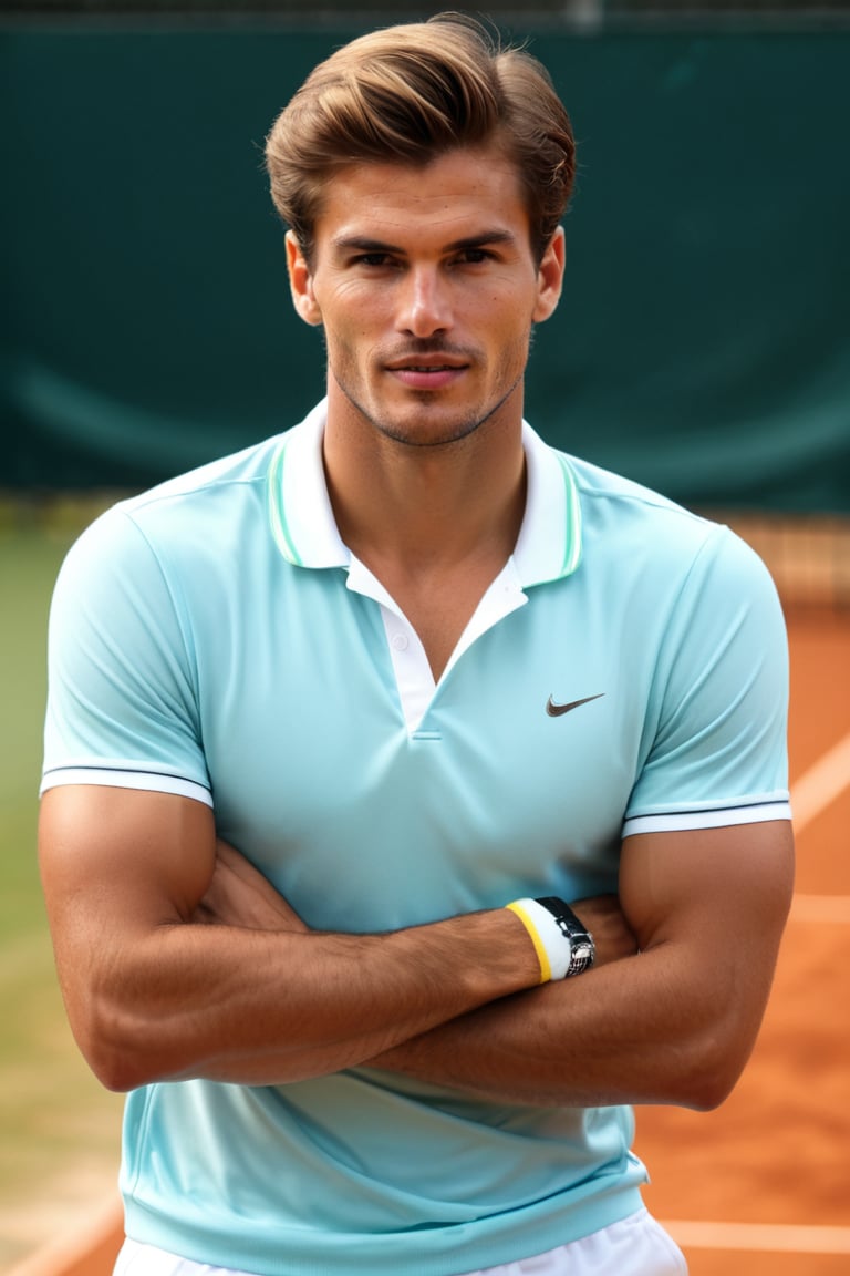 ultra realistic photo of young handsome male tennis player, athletic body, 60’s style, 4k hdr, sharp focus, highly detailed