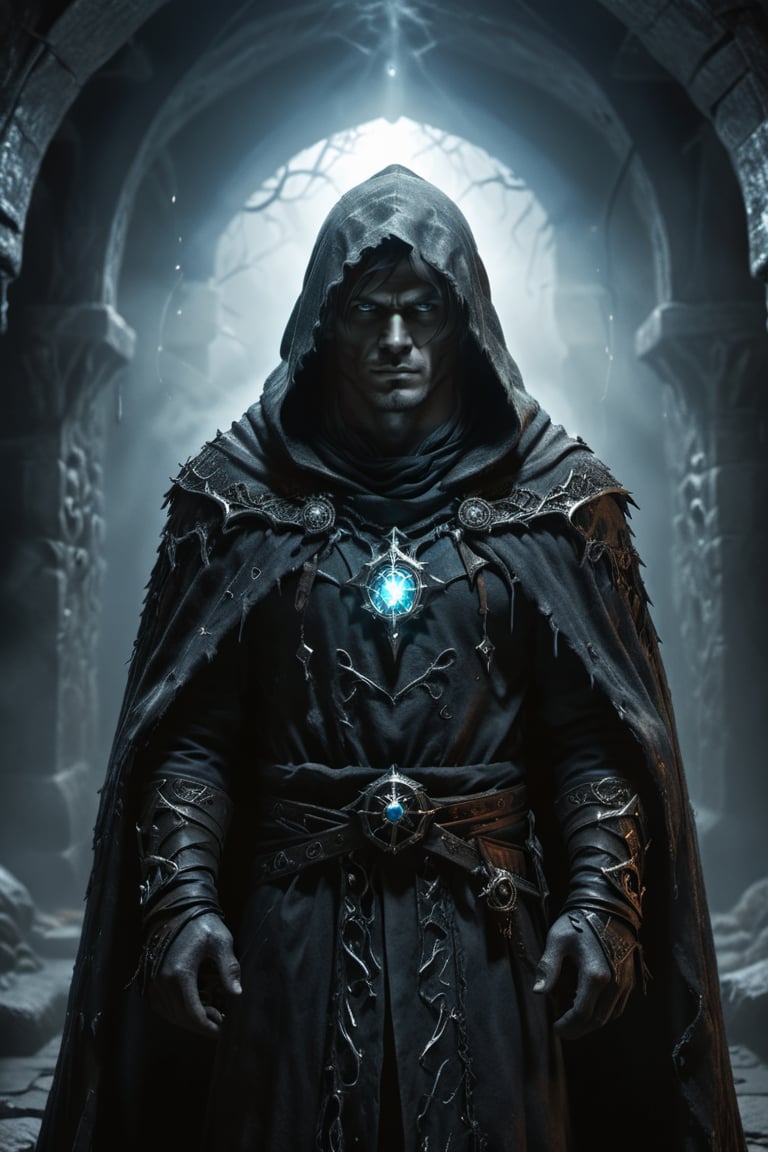 handsome male necromancer, misty shadows, fantasy, magical, ultra intricately detailed 3D render, hyper realistic, 4k hdr, wearing cloak, catacombs, cinematic lighting, glowing light, mystic, undead magic, 1boy