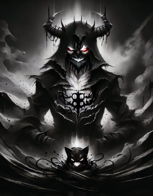 A dark, ominous castle looms in the misty background as the Devil King sits atop a throne of twisted black iron, his piercing red eyes glowing with malevolent intent. His horns curve upwards like scimitars, and his sharp teeth seem to gleam with anticipation. The air is heavy with the scent of brimstone and smoke as he raises one hand, summoning forth a swirling vortex of hellish energy.,Dark king,la+ darkness,DarkTheme,Dark fantasy v2,Jack o 'Lantern,DGQMGirl2,dmnrmr,CharcoalDarkStyle, Dark_Mediaval,h4l0w3n5l0w5tyl3DonMD4rk,Darkness Kitten ,EpicGhost,Ghost mask ,ghostface,ghostfreak,ghost nocturnal,saree,ghostrider