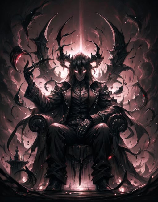 A dark, ominous castle looms in the misty background as the Devil King sits atop a throne of twisted black iron, his piercing red eyes glowing with malevolent intent. His horns curve upwards like scimitars, and his sharp teeth seem to gleam with anticipation. The air is heavy with the scent of brimstone and smoke as he raises one hand, summoning forth a swirling vortex of hellish energy.,Dark king,la+ darkness,DarkTheme,Dark fantasy v2,Jack o 'Lantern,DGQMGirl2,dmnrmr,CharcoalDarkStyle, Dark_Mediaval,h4l0w3n5l0w5tyl3DonMD4rk,Darkness Kitten ,EpicGhost,Ghost mask ,ghostface,ghostfreak,ghost nocturnal,saree,ghostrider,LapisLazuli,Hunter ,DEVJIN