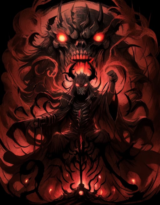 A dark, ominous castle looms in the misty background as the Devil King sits atop a throne of twisted black iron, his piercing red eyes glowing with malevolent intent. His horns curve upwards like scimitars, and his sharp teeth seem to gleam with anticipation. The air is heavy with the scent of brimstone and smoke as he raises one hand, summoning forth a swirling vortex of hellish energy.,Dark king,la+ darkness,DarkTheme,Dark fantasy v2,Jack o 'Lantern,DGQMGirl2,dmnrmr,CharcoalDarkStyle, Dark_Mediaval,h4l0w3n5l0w5tyl3DonMD4rk,Darkness Kitten ,EpicGhost,Ghost mask ,ghostface,ghostfreak,ghost nocturnal