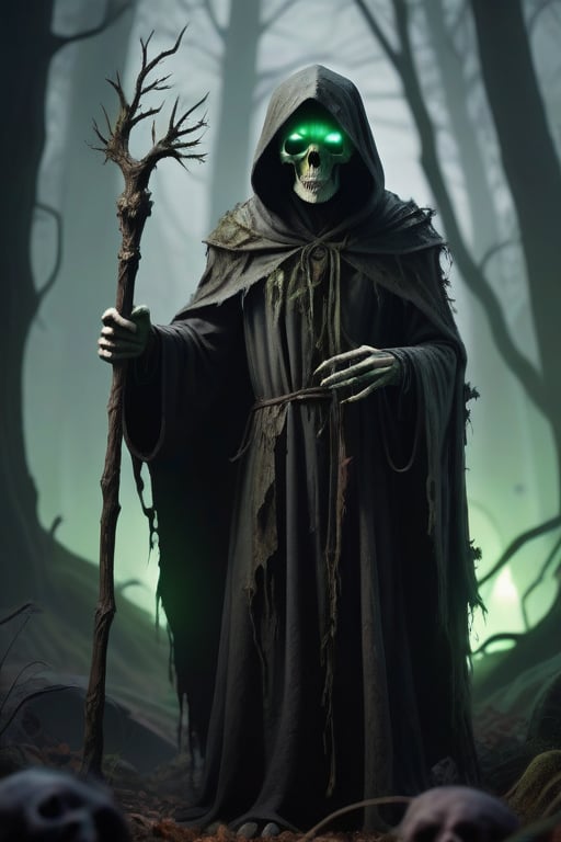 A Forsaken awakened from the graveyard with bony fingers, holding a staff, standing in a mysterious forest surrounded by mystical creatures, with glowing green eyes, rotting flesh on its body, in a more eerie, cinematic, and 3D style, at 8k resolution and high definition, wearing a cloak