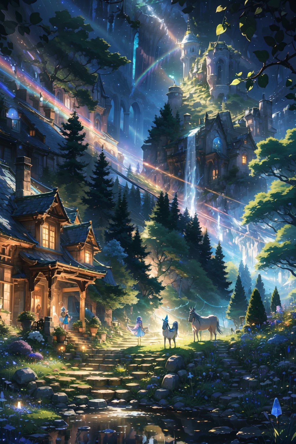 A dreamy and magical scene at night, featuring a mystical forest with lush trees, blooming flowers, and vine-covered archways. In the starlit sky, the moon shines softly, casting a gentle glow on the surroundings. Ethereal beings like fairies and elves dance among the trees, while mysterious animals such as unicorns, butterflies, and owls roam freely. The atmosphere is filled with the shimmer of magic beams, bubbles, and halos, creating a romantic and mysterious ambiance with colors of blue, purple, green, gold, and silver. Add a mysterious castle to the scene with iridescent effects, movie-style lighting, twinkling stars, and a dusting of magical powder. Include a lake that reflects the starlight.