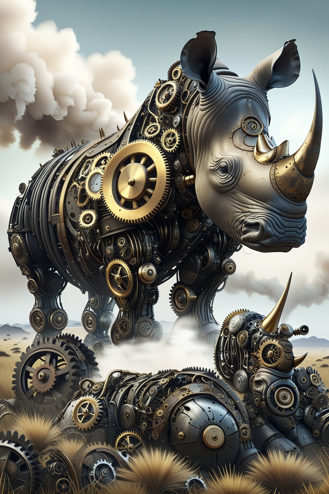 A rhinoceros in african savanna ocean, whit vapor smoke steampunk,  capsules green, made up of countless gears, metals, and circuit boards.,Mechanical,DonMSt34mPXL