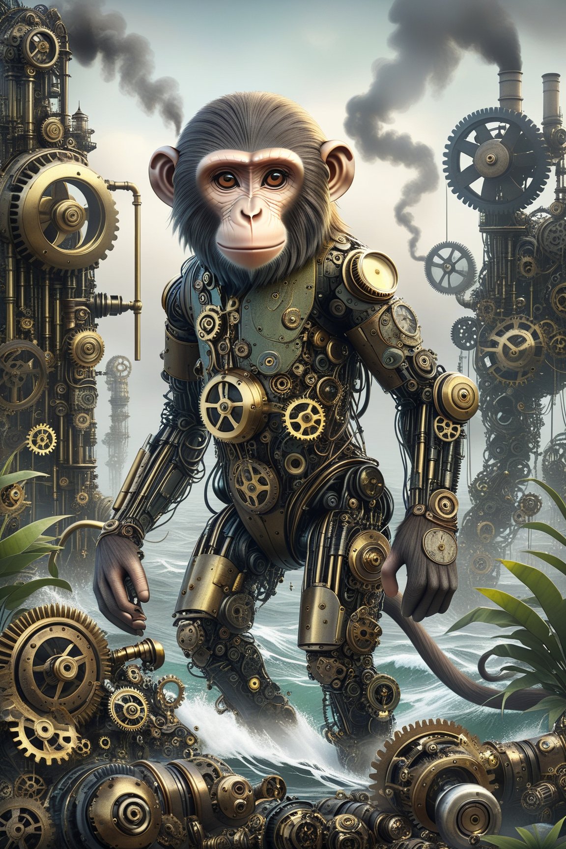 A monkey in the jungle ocean, whit vapor smoke steampunk,  capsules green, made up of countless gears, metals, and circuit boards.,Mechanical,DonMSt34mPXL