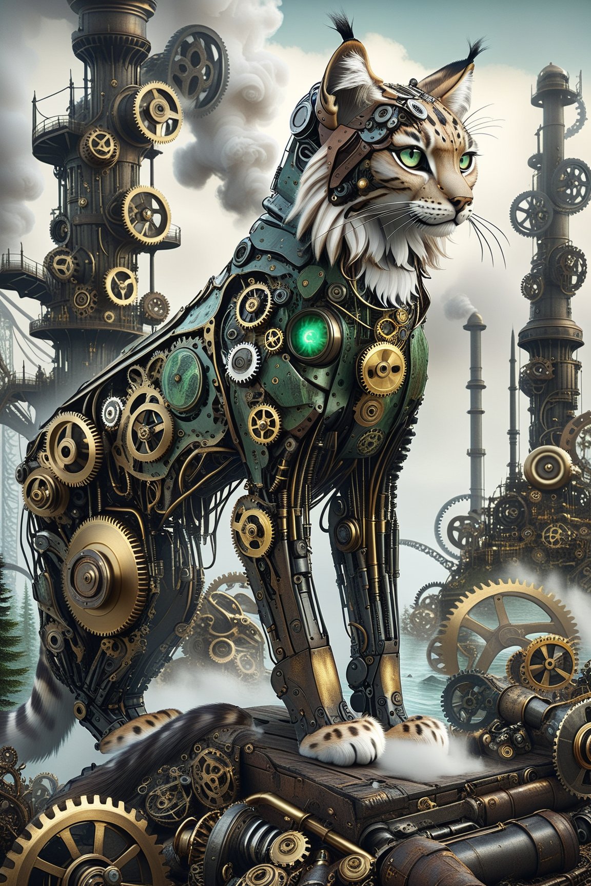 A lynx in the forest in ocean, whit vapor smoke steampunk,  capsules green, made up of countless gears, metals, and circuit boards.,Mechanical,DonMSt34mPXL