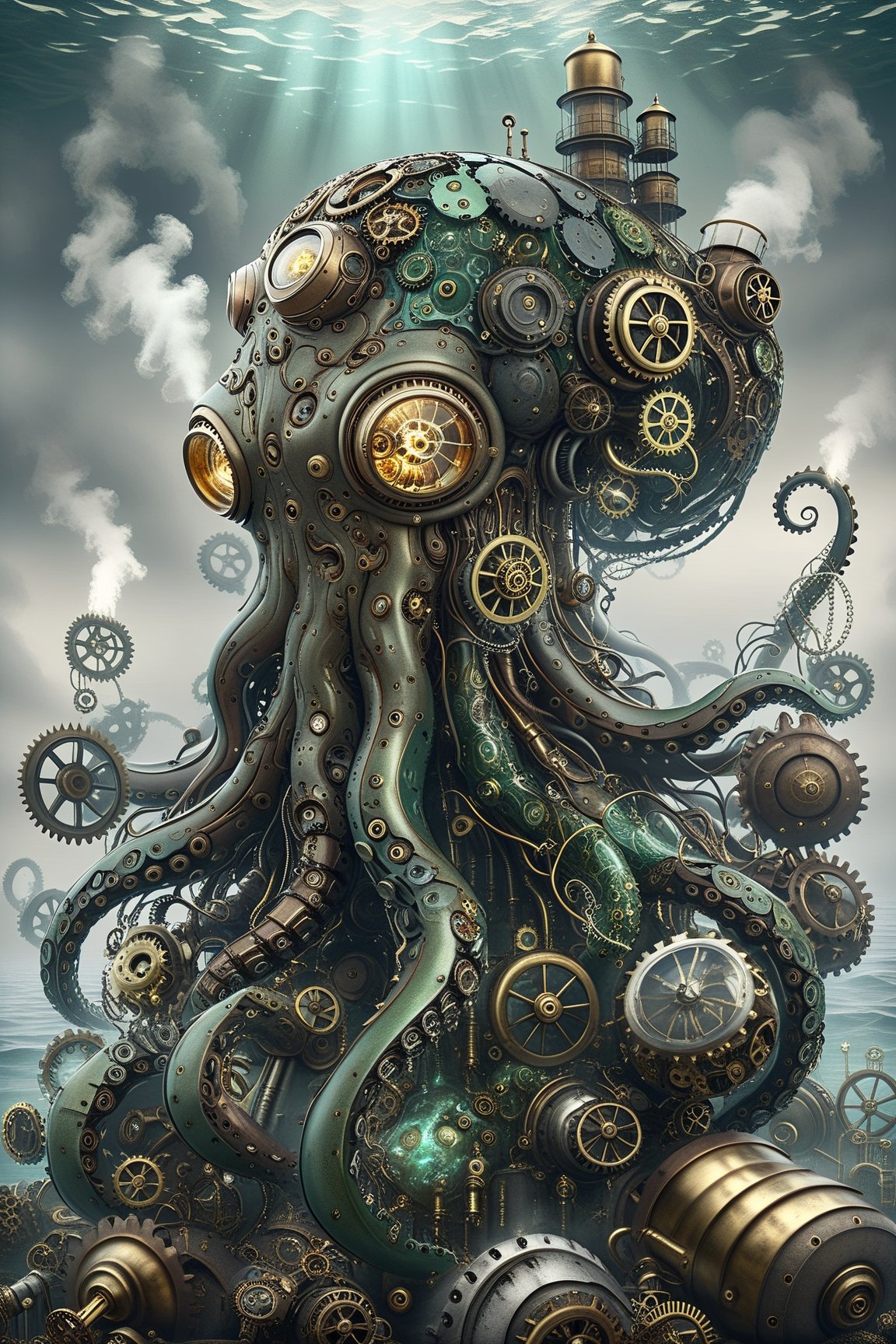 A octopus in the ocean with a deformed head, whit vapor smoke steampunk,  capsules green, and whose body is made up of countless gears, metals, and circuit boards.,Mechanical,DonMSt34mPXL