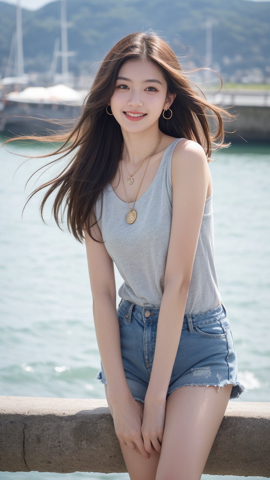 girl 1, ultra high definition, wind blowing hair, brown eyes, brown hair, delicate facial features, eye smile, {{{masterpiece}}}, {{highest quality}}, high resolution, high definition, natural movements of everyday life, dockside, pose, dark blue,fashion,girl1-den,Wearing a necklace,Wearing earrings