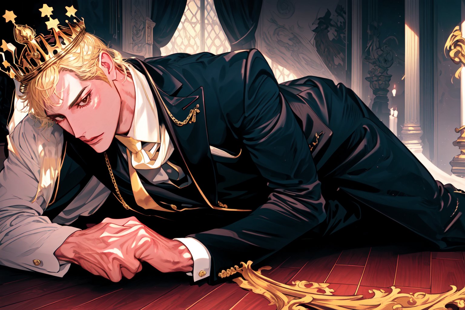 Man with a large golden crown on his head,
Serious and firm expression
Dressed in a suit and white tie
Looking at the floor 
,Dark king