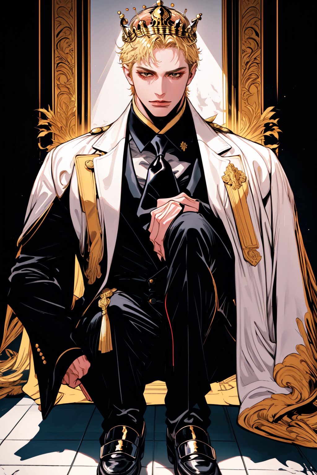 Man with a large golden crown on his head,
Serious and firm expression
Dressed in a suit and white tie
Looking at the floor 
,Dark king, sentado em um trono do rei 