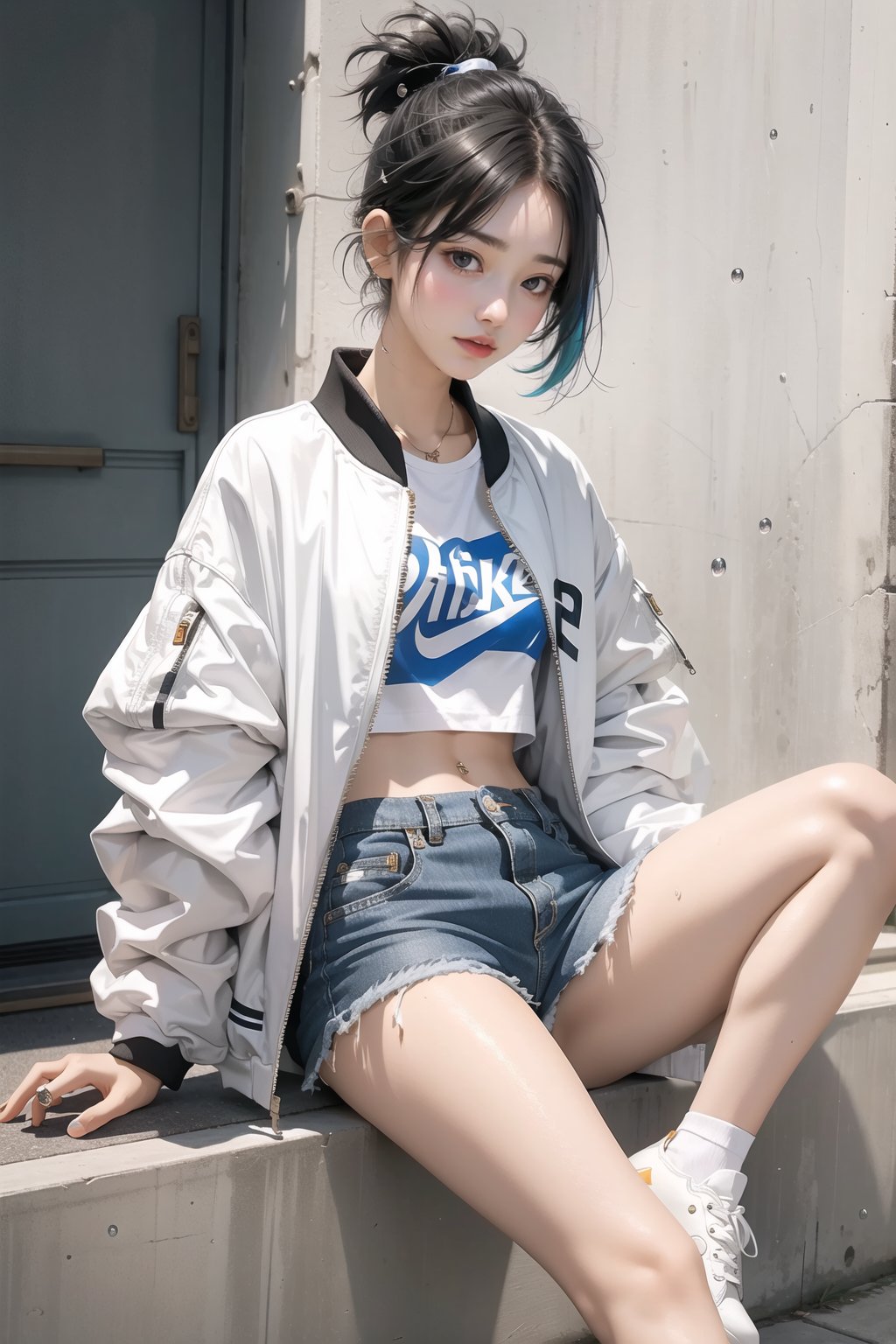 korea girl 22 year old, tangaline light sleek pixie shorts hair style, wearing tangaline jacket bomber m1, shorts bluejeans, white sneaker, splash drop color